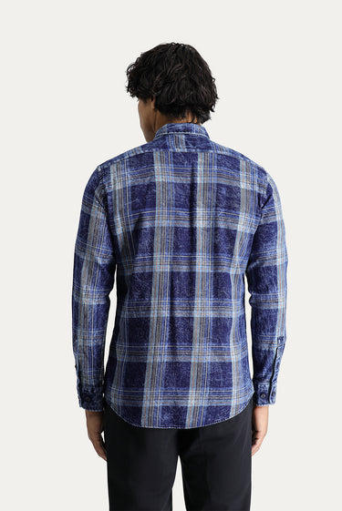 Koyu Lacivert Uzun Kol Slim Fit Dar Kesim Ekose Spor Pamuk Gömlek