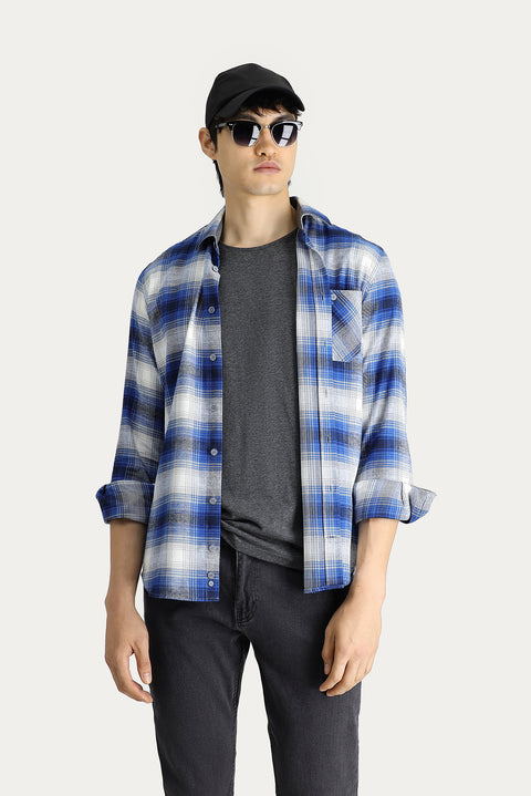Indigo Long Sleeve Slim Fit Narrow Cut Plaid Lumberjack Cotton Shirt