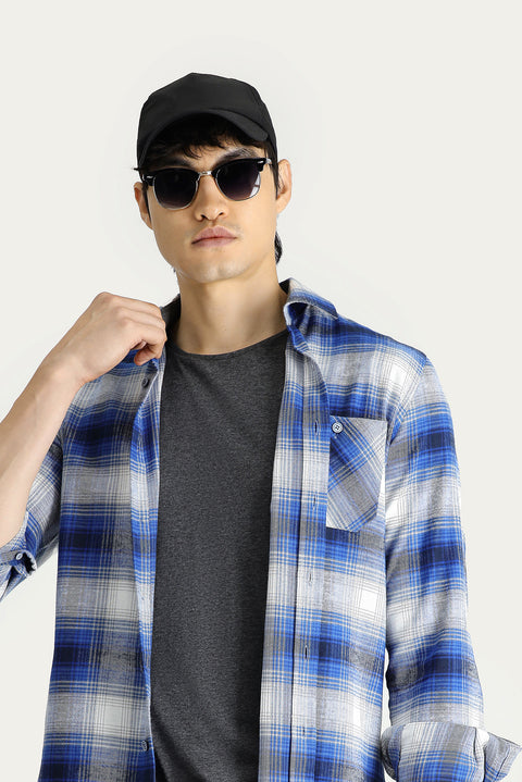 Indigo Long Sleeve Slim Fit Narrow Cut Plaid Lumberjack Cotton Shirt