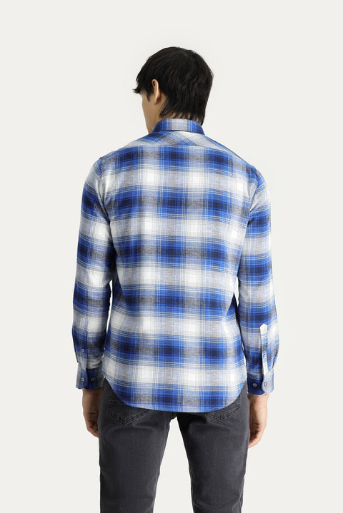 Indigo Long Sleeve Slim Fit Narrow Cut Plaid Lumberjack Cotton Shirt
