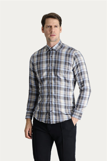 Açık Gri Uzun Kol Slim Fit Dar Kesim Ekose Oduncu Pamuklu Kolay Ütülenebilir Gömlek