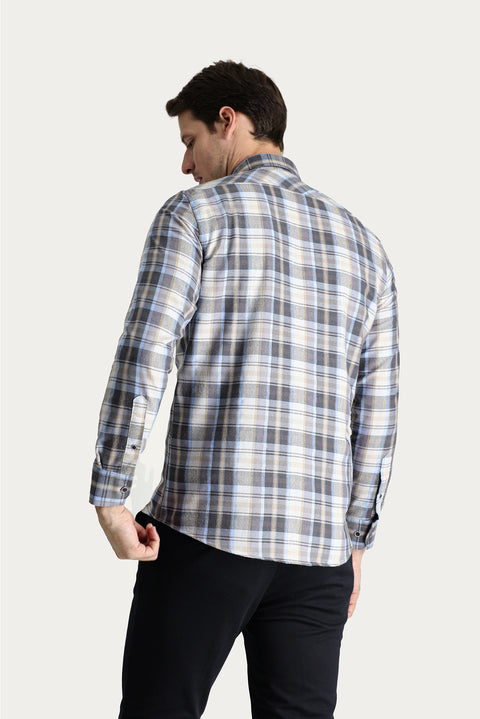 Açık Gri Uzun Kol Slim Fit Dar Kesim Ekose Oduncu Pamuklu Kolay Ütülenebilir Gömlek