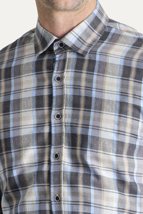 Açık Gri Uzun Kol Slim Fit Dar Kesim Ekose Oduncu Pamuklu Kolay Ütülenebilir Gömlek