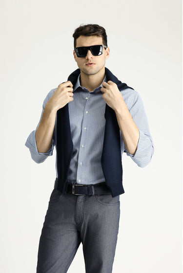 Açık Mavi Uzun Kol Regular Fit Çizgili Pamuklu Kolay Ütülenebilir Gömlek