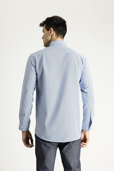 Açık Mavi Uzun Kol Regular Fit Çizgili Pamuklu Kolay Ütülenebilir Gömlek