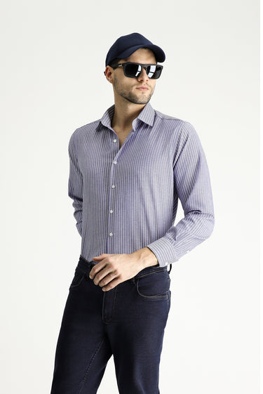 Mavi Uzun Kol Regular Fit Çizgili Pamuklu Kolay Ütülenebilir Gömlek