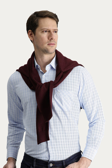 Uçuk Mavi Uzun Kol Regular Fit Ekose Pamuklu Kolay Ütülenebilir Gömlek