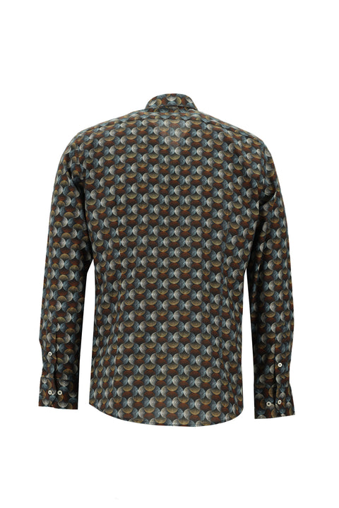 Tile-colored Long-Sleeve Printed Slim Fit Narrow Cut Cotton Shirt