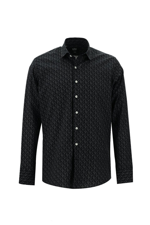 Siyah Uzun Kol Baskılı Slim Fit Dar Kesim Pamuk Gömlek
