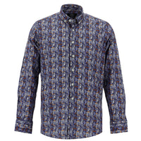 Dark Blue Long Sleeve Printed Slim Fit Narrow Cut Cotton Shirt