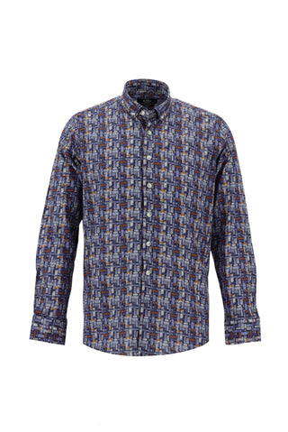 Koyu Mavi Uzun Kol Baskılı Slim Fit Dar Kesim Pamuk Gömlek
