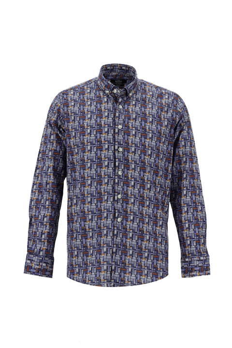 Dark Blue Long Sleeve Printed Slim Fit Narrow Cut Cotton Shirt
