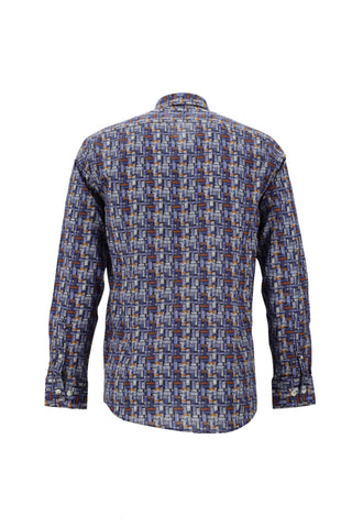 Koyu Mavi Uzun Kol Baskılı Slim Fit Dar Kesim Pamuk Gömlek