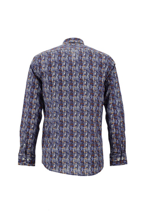 Dark Blue Long Sleeve Printed Slim Fit Narrow Cut Cotton Shirt