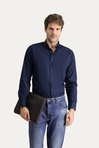 Koyu Lacivert Uzun Kol Slim Fit Dar Kesim Baskılı Pamuk Düğmeli Yaka Gömlek
