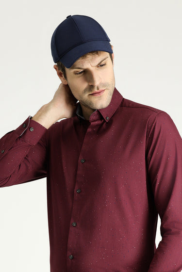 Açık Bordo Uzun Kol Slim Fit Dar Kesim Baskılı Pamuk Düğmeli Yaka Gömlek
