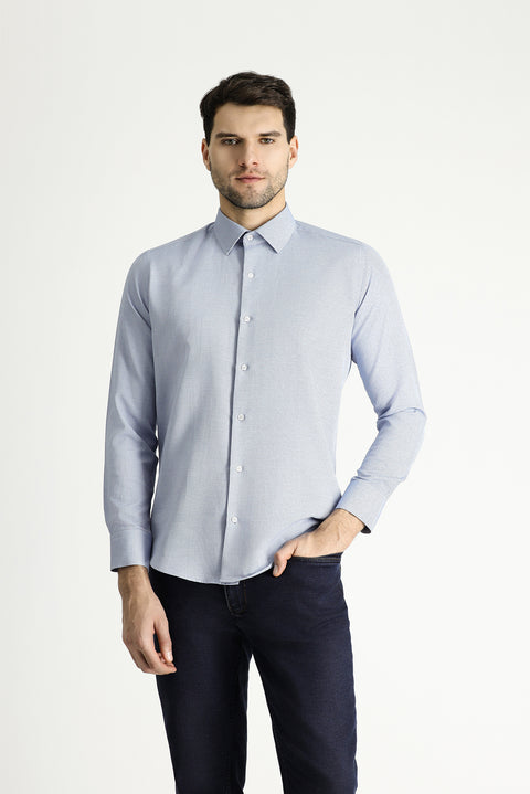 Mavi Uzun Kol Slim Fit Dar Kesim Baskılı Pamuklu Kolay Ütülenebilir Gömlek