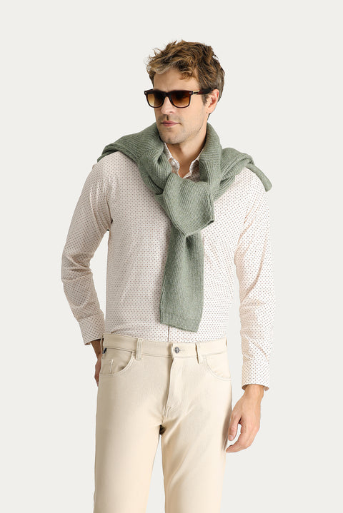 Light Beige Long Sleeve Slim Fit Printed Cotton Shirt