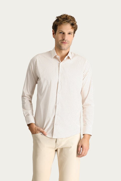 Light Beige Long Sleeve Slim Fit Printed Cotton Shirt
