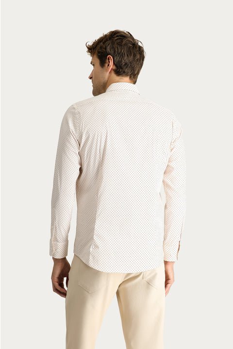 Light Beige Long Sleeve Slim Fit Printed Cotton Shirt