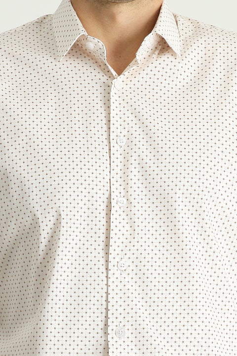 Light Beige Long Sleeve Slim Fit Printed Cotton Shirt
