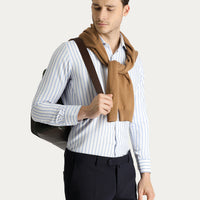 Açık Mavi Uzun Kol Slim Fit Dar Kesim Çizgili Pamuklu Kolay Ütülenebilir Gömlek