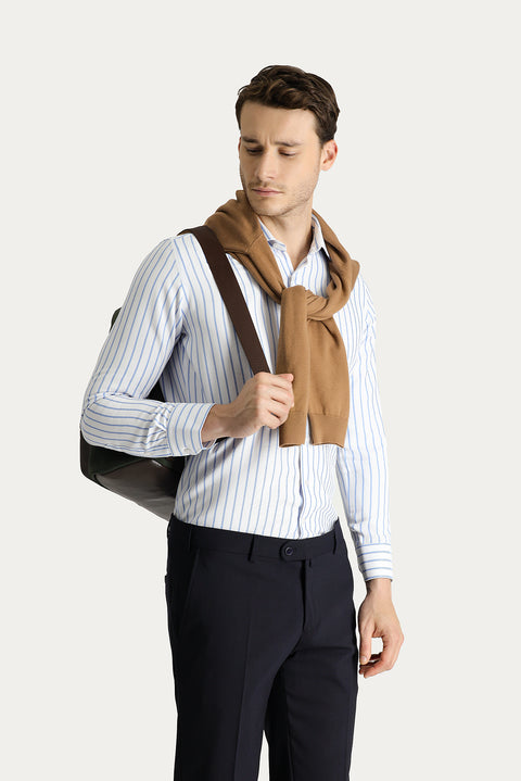 Açık Mavi Uzun Kol Slim Fit Dar Kesim Çizgili Pamuklu Kolay Ütülenebilir Gömlek