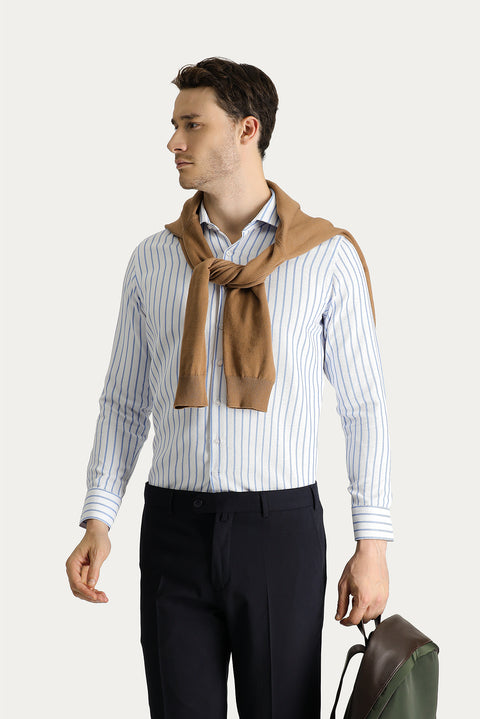 Açık Mavi Uzun Kol Slim Fit Dar Kesim Çizgili Pamuklu Kolay Ütülenebilir Gömlek