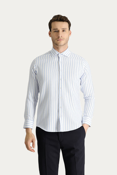 Açık Mavi Uzun Kol Slim Fit Dar Kesim Çizgili Pamuklu Kolay Ütülenebilir Gömlek
