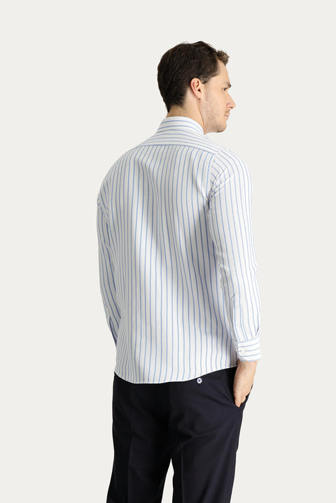 Açık Mavi Uzun Kol Slim Fit Dar Kesim Çizgili Pamuklu Kolay Ütülenebilir Gömlek