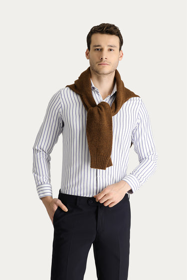 Mavi Uzun Kol Slim Fit Dar Kesim Çizgili Pamuklu Kolay Ütülenebilir Gömlek