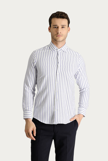 Mavi Uzun Kol Slim Fit Dar Kesim Çizgili Pamuklu Kolay Ütülenebilir Gömlek
