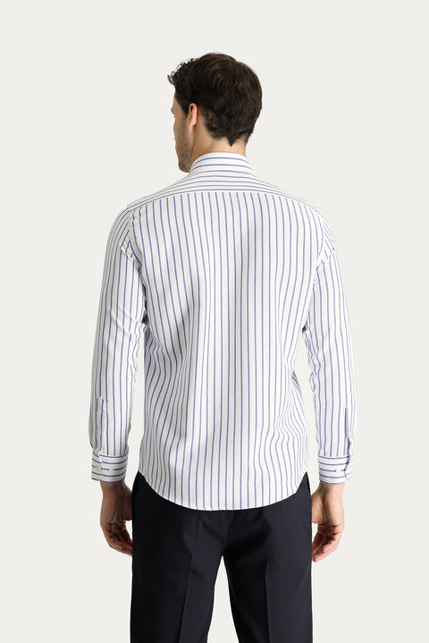 Mavi Uzun Kol Slim Fit Dar Kesim Çizgili Pamuklu Kolay Ütülenebilir Gömlek