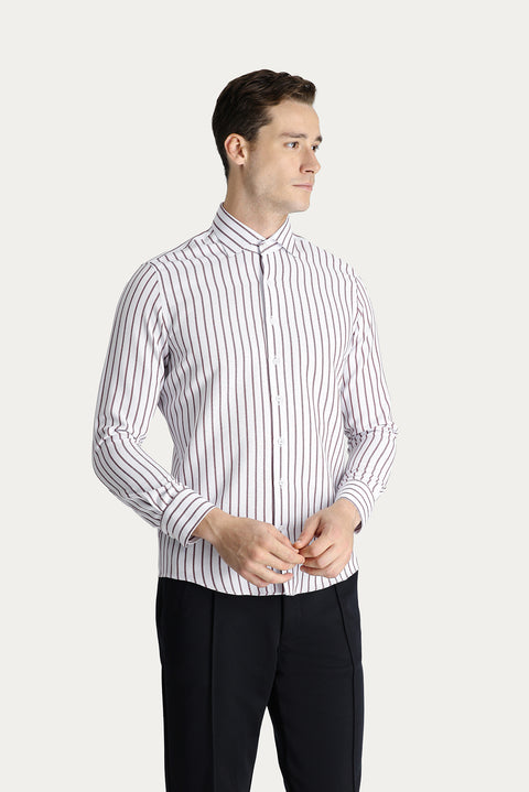 Koyu Bordo Uzun Kol Slim Fit Dar Kesim Çizgili Pamuklu Kolay Ütülenebilir Gömlek