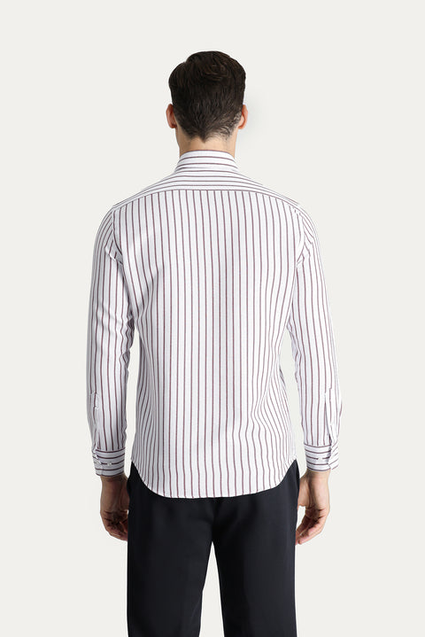 Koyu Bordo Uzun Kol Slim Fit Dar Kesim Çizgili Pamuklu Kolay Ütülenebilir Gömlek