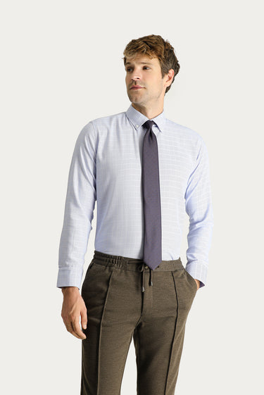 Mavi Uzun Kol Slim Fit Dar Kesim Non Iron Kareli Pamuklu Gömlek