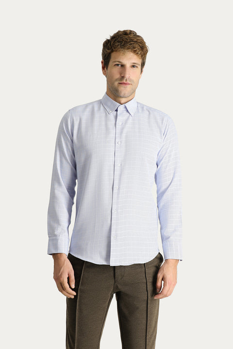 Mavi Uzun Kol Slim Fit Dar Kesim Non Iron Kareli Pamuklu Gömlek