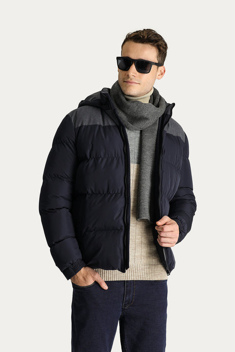 Koyu Lacivert Slim Fit Dar Kesim Kapüşonlu Spor Mont