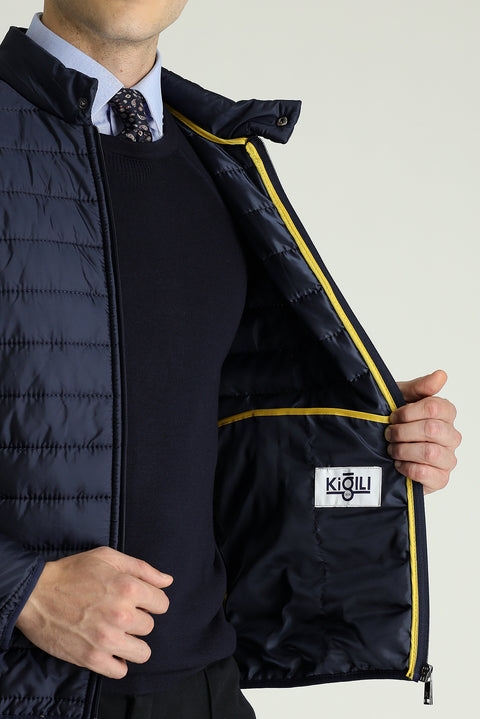 Koyu Lacivert Dik Yaka Fermuarlı Cepli Kapitone Spor Mont