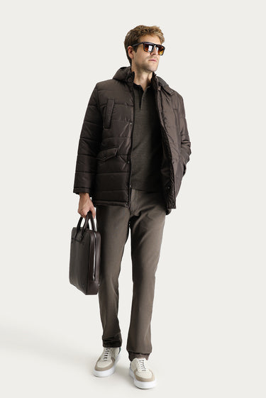 Koyu Kahve Kapüşonlu Spor Şişme Kaban