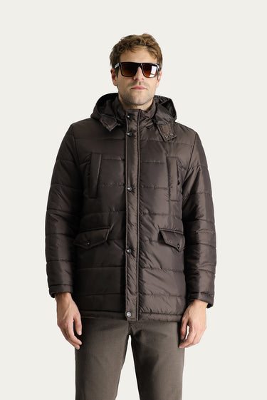 Koyu Kahve Kapüşonlu Spor Şişme Kaban