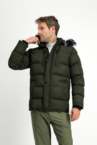 Koyu Haki Kürklü Kapüşonlu Spor Şişme Kaban