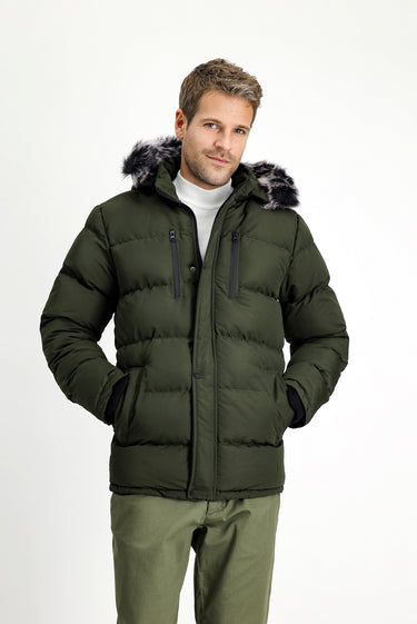 Koyu Haki Kürklü Kapüşonlu Spor Şişme Kaban