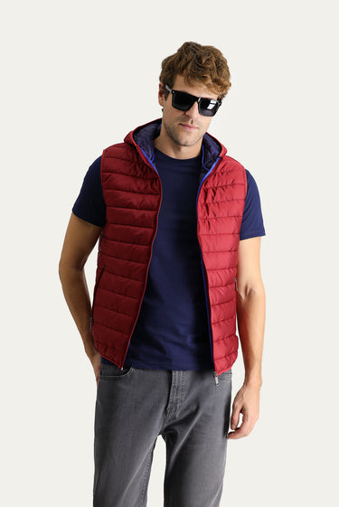 Koyu Kırmızı Kapüşonlu Kapitone Spor Yelek