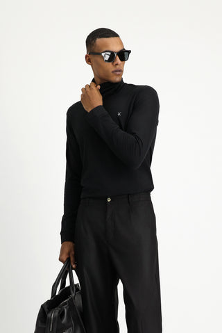 Siyah Balıkçı Yaka Slim Fit Dar Kesim Pamuklu Sweatshirt