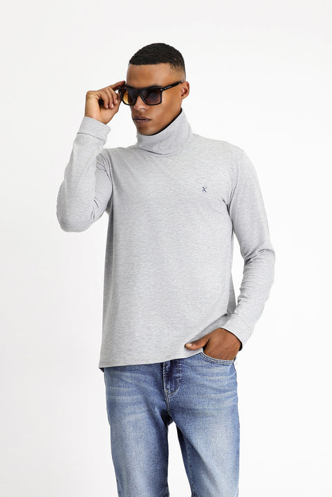Açık Gri Melanj Balıkçı Yaka Slim Fit Dar Kesim Pamuklu Sweatshirt
