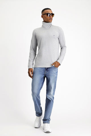 Açık Gri Melanj Balıkçı Yaka Slim Fit Dar Kesim Pamuklu Sweatshirt