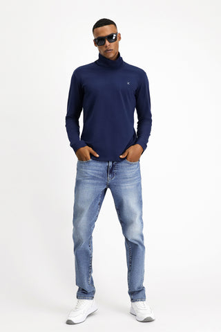 Koyu Lacivert Balıkçı Yaka Slim Fit Dar Kesim Pamuklu Sweatshirt