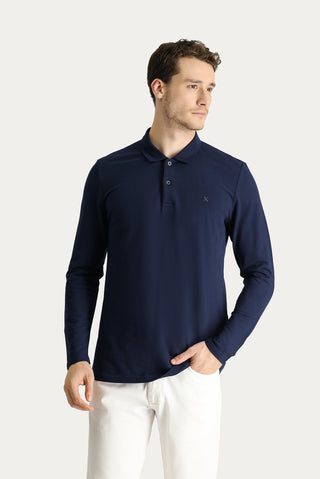 Koyu Lacivert Polo Yaka Regular Fit Nakışlı Pamuk Sweatshirt