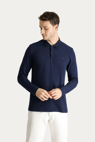 Koyu Lacivert Polo Yaka Regular Fit Nakışlı Pamuk Sweatshirt